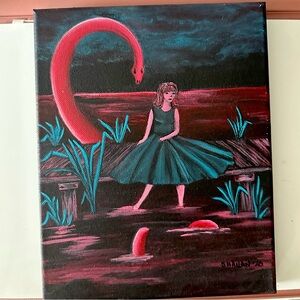 Mystical Red and Teal  Girl with Monster  Modern Art Canvas